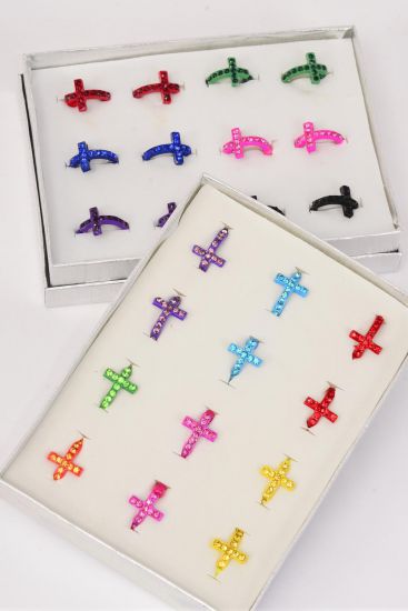 Rings Color Cross Rhinestones W Color Beads Stretch / 12 pcs = Dozen Stretch , 1Dz Velvet Display Window Box & OPP Bag & UPC Code , Choose Colors