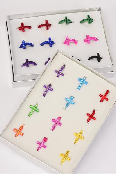 Rings Color Cross Rhinestones W Color Beads Stretch / 12 pcs = Dozen Stretch , 1Dz Velvet Display Window Box & OPP Bag & UPC Code , Choose Colors