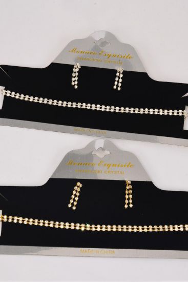 Necklace Sets Choker Double Line Rhinestones / Sets Post , Size-13.5" W Extension Chain , Choose Gold Or Silver Finishes , Display Card & OPP bag & UPC Code 