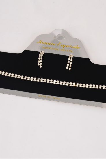 Necklace Sets Choker Double Line Rhinestone Silver / Sets  Silver , Post , Size -16" W Extension Chain , Display Card & OPP bag & UPC Code 