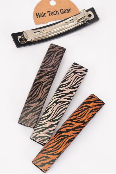 Hair Barrette French Clip Brush Stroked Zebra Pattern Asst / 12 pcs = Dozen French Clip , Size - 4.5" x 1" Wide , 4 of each Pattern Asst , Hang Card & Individual OPP Bag & UPC Code