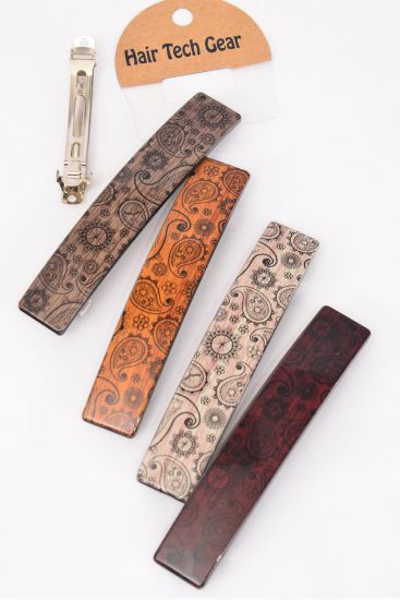 Hair Barrette French Clip Brush Stroked Paisley Pattern Asst / 12 pcs = Dozen French Clip , Size - 4.5"x 1" Wide , 3 of each Pattern Asst , Hang Card & Individual OPP Bag & UPC Code