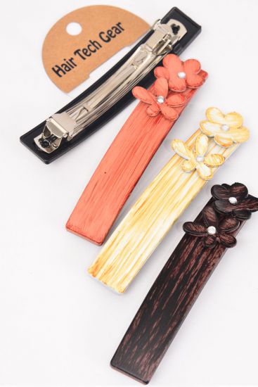 Hair Barrette French Clip Brush Stroked Flower w Rhinestone / 12 pcs = Dozen French Clip , Size - 4.5" x 1" Wide , 4 of each Pattern Asst , Hang Card & Individual OPP Bag & UPC Code