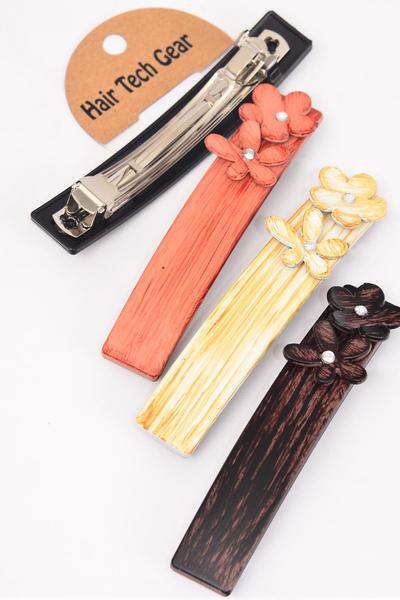 Hair Barrette French Clip Brush Stroked Flower w Rhinestone / 12 pcs = Dozen French Clip , Size - 4.5" x 1" Wide , 4 of each Pattern Asst , Hang Card & Individual OPP Bag & UPC Code