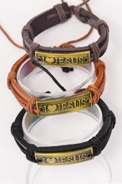 Bracelet Real Leather Band I Love Jesus Gold / 12 pcs = Dozen  Unisex , Adjustable , 4 of each Pattern Mix , Individual Hang tag & OPP Bag & UPC Code