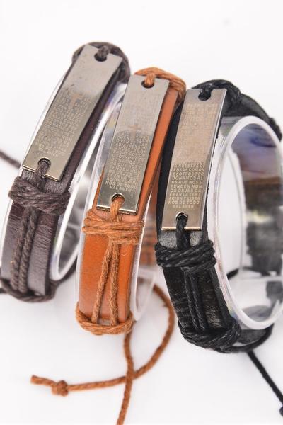 Bracelet Real Leather Band Bible Verse Spanish Lords Prayer / 12 pcs = Dozen  Unisex , Adjustable , 4 of each Pattern Mix , Individual Hang tag & OPP Bag & UPC Code