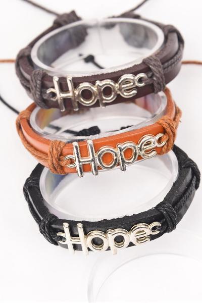 Bracelet Real Leather Band Hope / 12 pcs = Dozen  Unisex , Adjustable , 4 of each Pattern Asst , Individual Hang Tag & OPP Bag & UPC Code