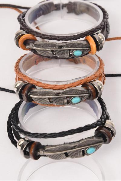 Bracelet Real Leather Band & Feather Triple Strand / 12 pcs = Dozen  Unisex , Adjustable , 4 Black , 4 Dark Brown , 4 Medium Brown Pattern Mix , Individual Hang tag & OPP Bag & UPC Code