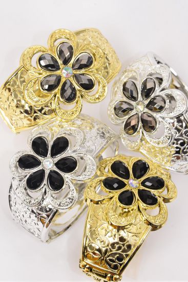 Bracelet Bangle Acrylic Hinge Flower Gold Silver Mix / 12 pcs = Dozen Hinge , Size - 2.75" x 2" , Black & Hematite Stone Color Mix , 3 of each Pattern Asst , Hang Tag & Opp Bag & UPC Code