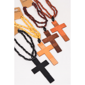 Necklace Wooden Beads Wood Cross Color Asst/DZ Cross-4.25&quot;x 2.5&quot;,Size-24&quot; Long,3 Black,3 Dark Multi,3 Natiral,3 Beige Color Asst,Hang Tag &amp; OPP Bag &amp; UPC Code