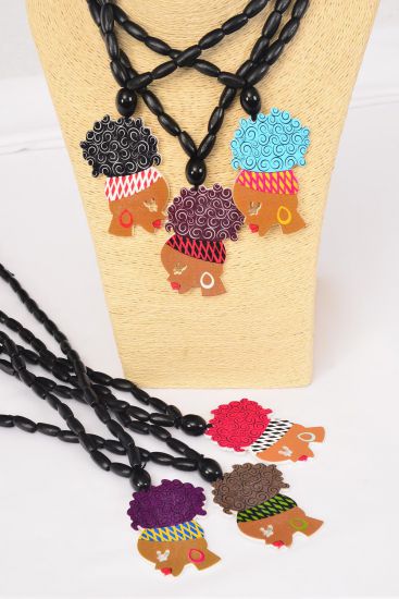 Necklace Wooden Beads Ethnic Afro Multi / 12 pcs = Dozen Face Size - 2.75" x 1.75" , 24" Long , 2 of each Color Asst , Hang Tag & OPP Bag & UPC Code