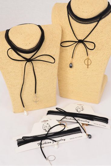 Necklace Choker 24 pcs Black Lace Stretch & Faux Suede Cord String Wrap Bolo Tie / 24 pcs = Dozen Lace Size - 14" Stretch , Extension Chain , 6 Gold , 6 Silver Asst , Display Card & OPP Bag & UPC Code , 2 pcs per Card , 12 Card = Dozen