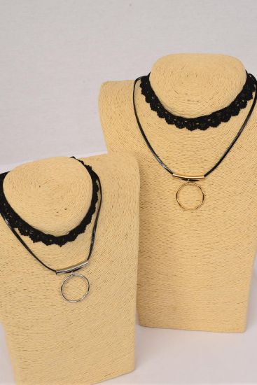 Necklace Choker 2 Strand Black Lace & Circle Pendant / 12 pcs = Dozen Lace - 14" , Necklace - 16" w Extension Chain , 6 Gold , 6 Silver Asst , Display Card & OPP Bag & UPC Code