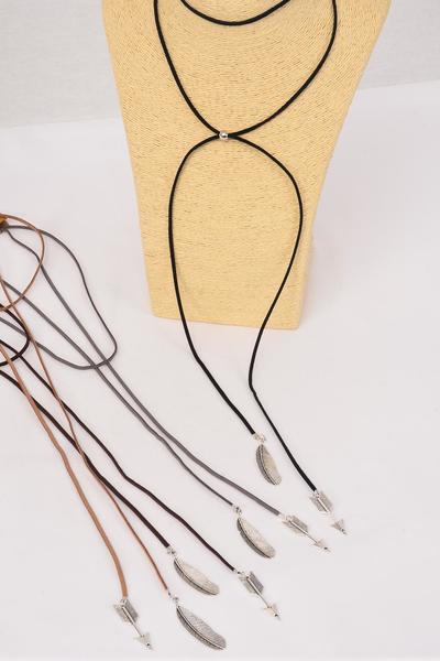 Necklace Faux Suede Cord String Wrap Bolo Tie Arrow Feathers Mix / 12 pcs = Dozen Color - 3 Black , 3 Brown , 3 Gray , 3 Camel , 4 Color Asst , Display Card & OPP Bag & UPC Code