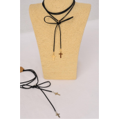 Necklace Choker Faux Cord String Wrap Bolo Tie Cross Metal Accent On Bottom/DZ 6 Gold &amp; 6 Silver Asst,Display Card &amp; OPP Bag &amp; UPC Code