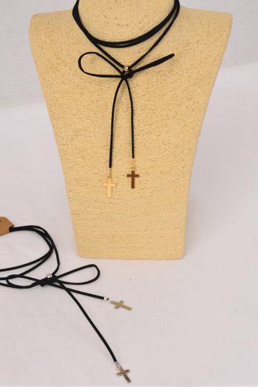Necklace Choker Faux Cord String Wrap Bolo Tie Cross Metal Accent On Bottom / 12 pcs = Dozen Color - 6 Gold , 6 Silver Color Asst , Display Card & OPP Bag & UPC Code