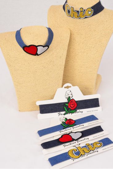 Necklace Choker Blue Denim Embroidered Patches  / 12 pcs = Dozen  Denim - Width -1" Wide , Size - 14" Extension Chain , 2 of Each Pattern Asst , Display Card & OPP Bag & UPC Code