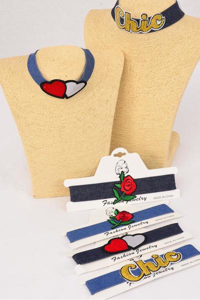 Necklace Choker Blue Denim Embroidered Patches  / 12 pcs = Dozen  Denim - Width -1" Wide , Size - 14" Extension Chain , 2 of Each Pattern Asst , Display Card & OPP Bag & UPC Code