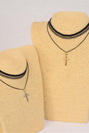 Necklace Choker 2 Strand Black Lace w Chain Cross Pandent Mix / 12 pcs = Dozen Size - 14" Extension Chain , 6 Gold , 6 Silver Color Asst , Display Card & OPP Bag & UPC Code