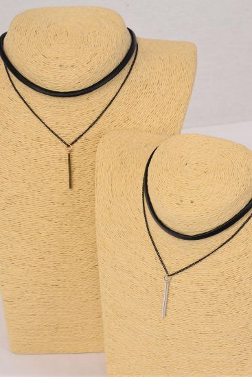 Necklace Choker 2 Strand Leather Feel Chain Accent On Bottom / 12 pcs = Dozen Size - 14" Extension Chain , 6 Gold , 6 Silver Asst , Display Card & OPP Bag & UPC Code