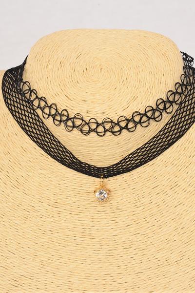 Necklace Choker 24 pcs Black Lace Cubic Zirconium Gothic Tattoo Henna Necklace / 24 pcs = Dozen Size -14" Extension Chain , Display Card & OPP Bag & UPC Code , 2 pcs per Card , 12 Card = Dozen