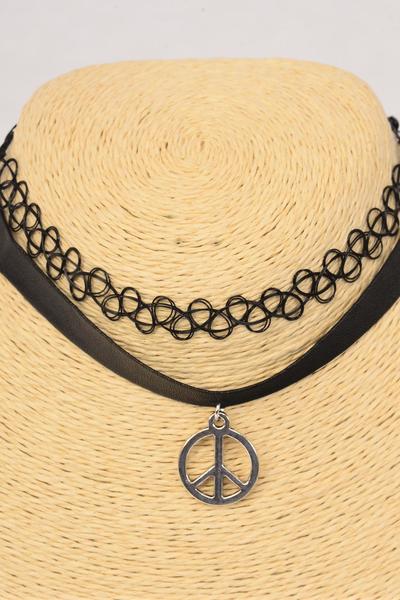 Necklace Choker 24 pcs Leather Feel Peace Sign Gothic Tattoo Henna Necklace / 24 pcs = Dozen Size - 14" Extension Chain , Display Card & OPP Bag & UPC Code , 2 pcs per Card , 12 Card = Dozen