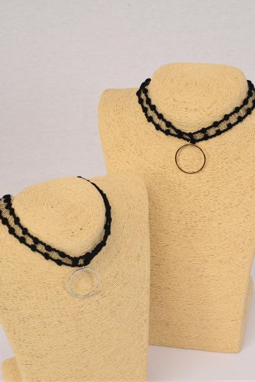 Necklace Choker Black Lace w Circle Pendant / 12 pcs = Dozen  Width - 1" Wide , Size - 14" Extension Chain , 6 Gold , 6 Silver Asst , Display Card & OPP Bag & UPC Code