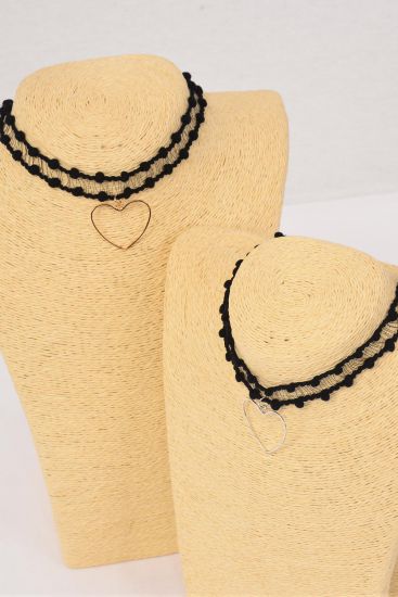 Necklace Choker Black Heart Pendant / 12 pcs = Dozen Width - 1" Wide , Size - 14" Extension Chain , 6 Gold , 6 Silver Asst , Display Card & OPP Bag & UPC Code