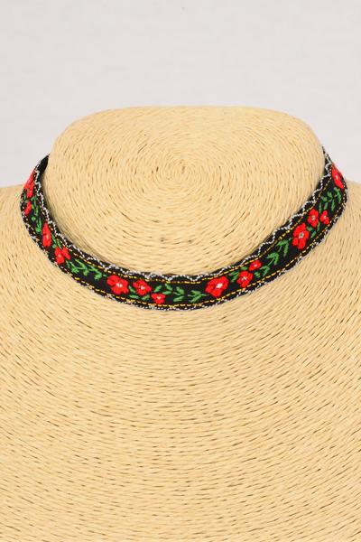 Necklace Choker Embroidery Roses /  12 pcs = Dozen Size - 14" Extension Chain , Display Card & OPP Bag & UPC Code