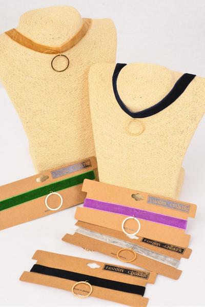 Necklace Choker Velvet Gold Circle Pendant / 12 pcs = Dozen Size - 14" Extension Chain , 2 of each Color Asst , Display Card & OPP Bag & UPC Code