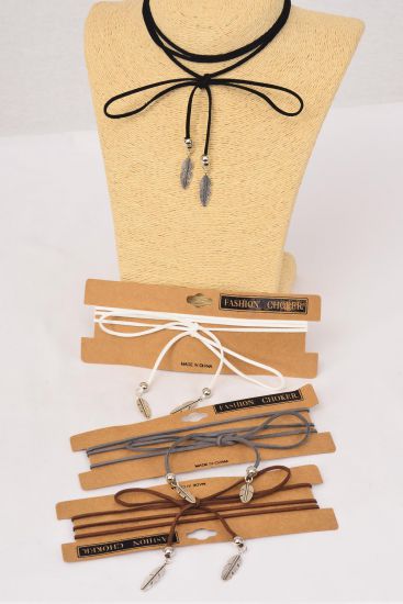 Necklace Faux Suede Cord String Wrap Bolo Tie Choker Metal Feather On Bottom Neutral Color Asst / 12 pcs = Dozen Color - 3 Black , 3 Brown , 3 White , Gray Color Asst , Display Card & OPP Bag & UPC Code