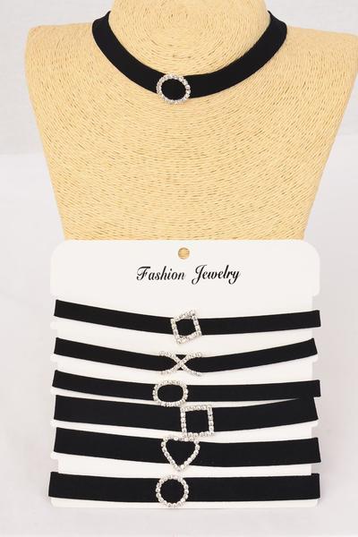 Necklace Choker Black Velvet Rhinestone Pendant /  12 pcs = Dozen Size - 14" Extension Chain , 2 of each Pattern Asst , Display Card & OPP Bag & UPC Code