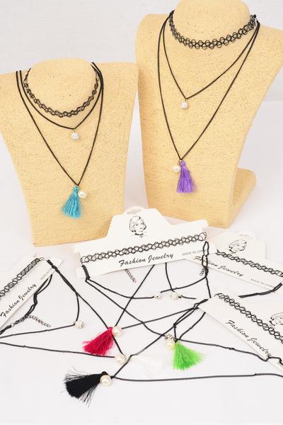 Necklace 24 pcs 2 Strand Chain Pearl Tassel Tattoo Henna Necklace Multi / 24 pcs = Dozen  Size - 16" , 2 of each Color Asst , Display Card & OPP Bag & UPC Code , 2 pcs Prer Card , 12 Card = Dozen