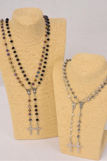 Necklace 10 mm Glass Crystal Crucifix Mother Virgin Mary Rosary / 12 pcs = Dozen 32" Long , Choose Colors , Hang Tag & OPP Bag & UPC Code