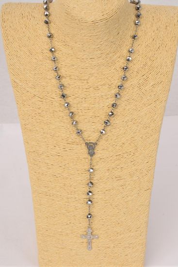 Necklace 10 mm Glass Crystal Crucifix Mother Virgin Mary Rosary Silver / 12 PC = Dozen  Silver , 32" Long , Hang Tag & OPP Bag & UPC Code