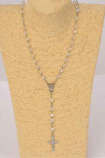 Necklace 10 mm Glass Crystal Crucifix Mother Virgin Mary Rosary AB Clear / 12 PC = Dozen AB Clear , 32" Long , Hang Tag & OPP Bag & UPC Code