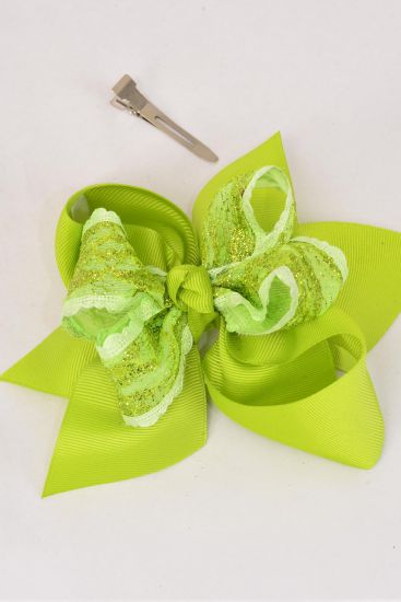 Hair Bow Jumbo Double Layered Silver Glitter Grosgrain Bow-tie Lime / 12 pcs Bow = Dozen Lime Green , Alligator Clip , Size - 6" x 5", Clip Strip & UPC Code
