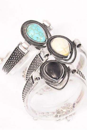 Bracelet Teardrop Semiprecious Stone / 12 pcs = Dozen Adjustable Length , Extension Chain ,Teardrop - 1.25" x 1" , 4 Black , 4 Ivory , 4 Turquoise Asst , Hang Tag & OPP Bag & UPC Code