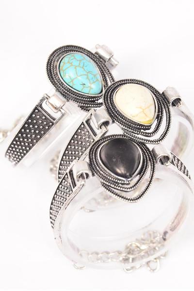 Bracelet Teardrop Semiprecious Stone / 12 pcs = Dozen Adjustable Length , Extension Chain ,Teardrop - 1.25" x 1" , 4 Black , 4 Ivory , 4 Turquoise Asst , Hang Tag & OPP Bag & UPC Code