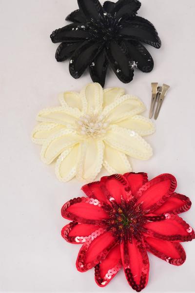 Flower Sequin Jumbo Sequin Red Black Beige Mix / 12 pcs Flower = Dozen Flower Size - 6" Wide , Alligator Clip & Brooch , 4  of each Color Asst , Display Card & UPC Code , Clear Box