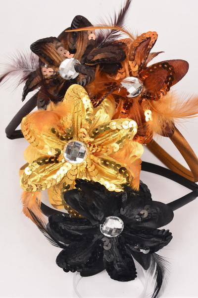 Headband Horseshoe Sequin Daisy Flower  Feathers Brown Tone Mix / 12 pcs = Dozen  Flower Size - 4.5" Wide , 3 of each Color Mix , Hang Tag & UPC Code , W Clear Box