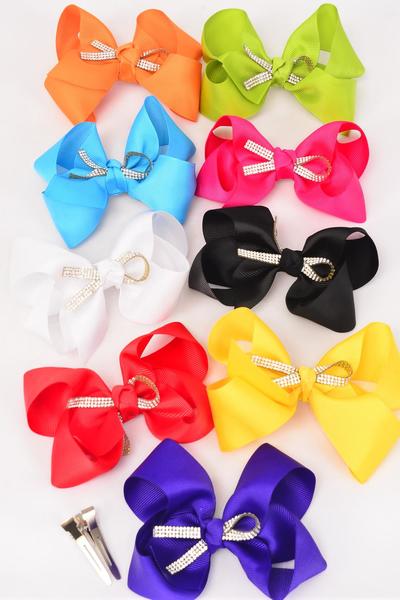 Hair Bow Large Center Clear Stone Bow tie Grosgrain Bow-tie Clear Rhinestones Multi / 12 pcs Bow = Dozen Alligator Clip , Size- 6"x 5" Wide ,2 Fuchsia ,2 White ,2 Black ,1 Lime ,1 Orange ,1 Blue ,1 Red ,1 Yellow ,1 Purple Mix ,Clip Strip & UPC Code