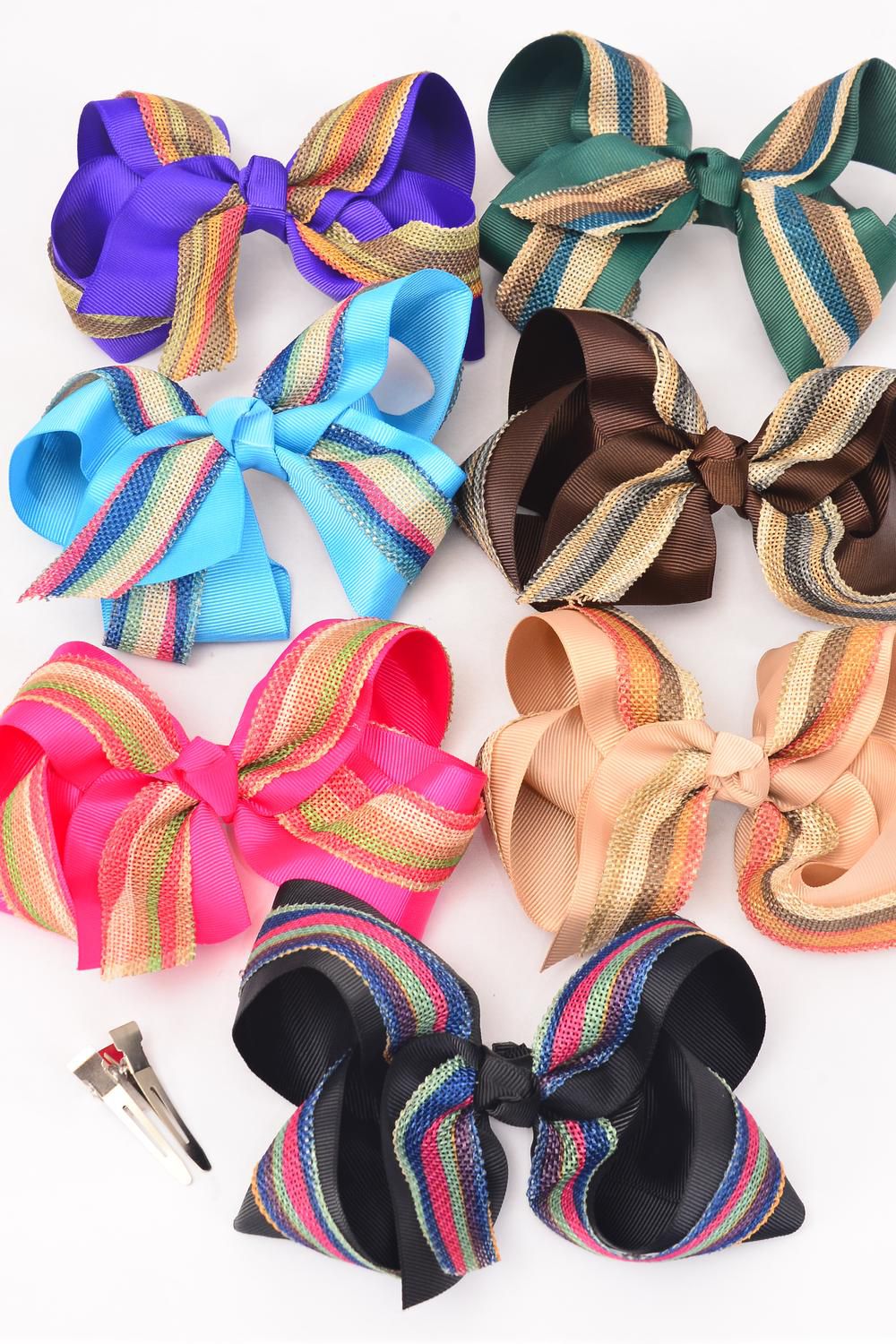 Hair Bow Jumbo Hemp Fabric Dark Multi/DZ ** Alligator Clip** Bow6"x 5