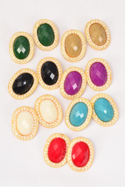 Earrings Metal Oval Poly Stone & Pearl All Around Multi / 12 Pair = Dozen Post , Size-1.25"x 1" Wide , 2 Red, 2 Black, 2 White, 2 Blue, 2 Purple, 1 Green, 1 Khaki Mix , Earring Card & OPP bag & UPC Code