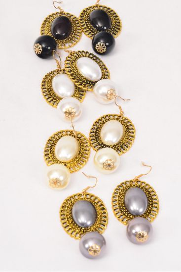 Earrings Pearl Dangle Drop Post / 12 pair = Dozen Fish Hook , Size - 2.25" x 1.25" Wide , 3 White , 3 Cream , 3 Gray , 3 Black Color Mix , Earring Card & OPP bag & UPC Code