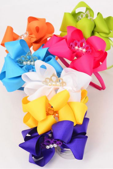 Headband Horseshoe Jumbo Tiara Pearl Double Layered Grosgrain Bow-tie Citrus / dozen Bow Size - 6" x 5" , 2 White , 2 Fuchsia , 2 Purple , 2 Blue , 2 Yellow , 1 Lime , 1 Orange Color Asst , Hang Tag & UPC Code , W Clear Box