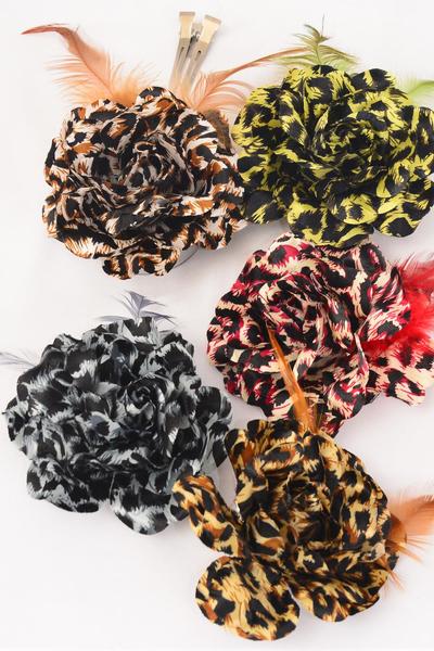 Flower Silk Flower Large Rose Leopard Print w Feathers / 12 pcs Flower = Dozen  Flower Size - 5", Alligator Clip , Elastic Pony , Brooch , 3 Dark Brown , 3 Brown , 2 Green , 2 Burgundy , 2 Gray Color Mix , Display Card & UPC Code 