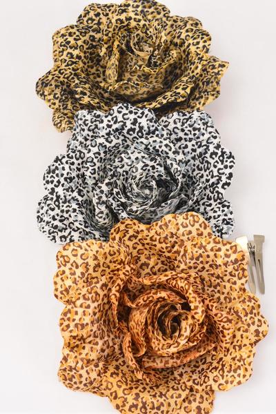 Flower Jumbo Rose Leopard Print / 12 pcs Flower = Dozen Size - 6" Wide , Alligator Clip & Brooch , 4 of each Color Asst , Display Card & UPC Code , W Clear Box