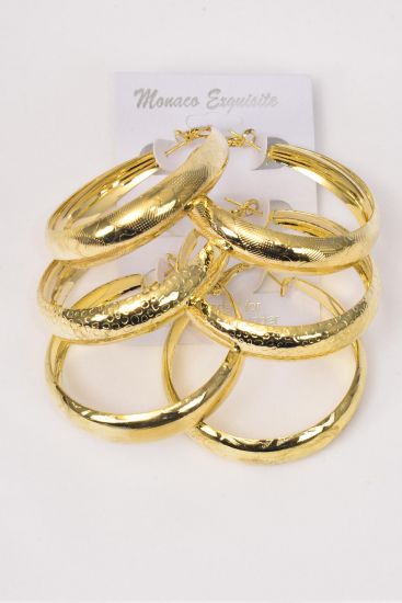 Earrings 3 pair Metal Hoop Asst Patterns Gold / 36 pair = Dozen  Gold , Post , Size - 1.75" Wide , Earring Card & OPP Bag & UPC Code , 3 Pair per Card , 12 Card = Dozen