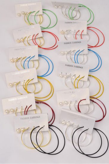 Earrings 3 pair Pearl Stud Metal Hoop Mix Multi / 36 pair = Dozen  Post , Loop Size - 1.75" & 2.25" Wide , 10 mm Pearl , 6 Gold & 6 Silver Mix , 2 of each Color Asst , Earring Card & OPP Bag & UPC Code